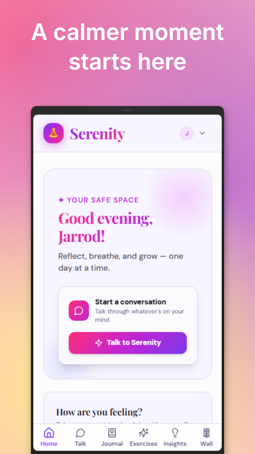 Serenity app home screen