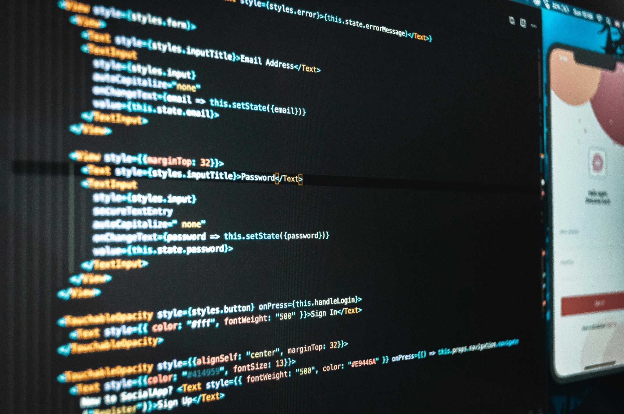 Mobile app code on a development screen